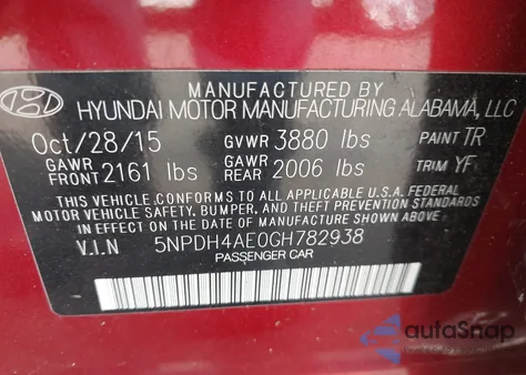 2016 Hyundai Elantra Se from USA, damaged, VIN 5NPDH4AE0GH782938